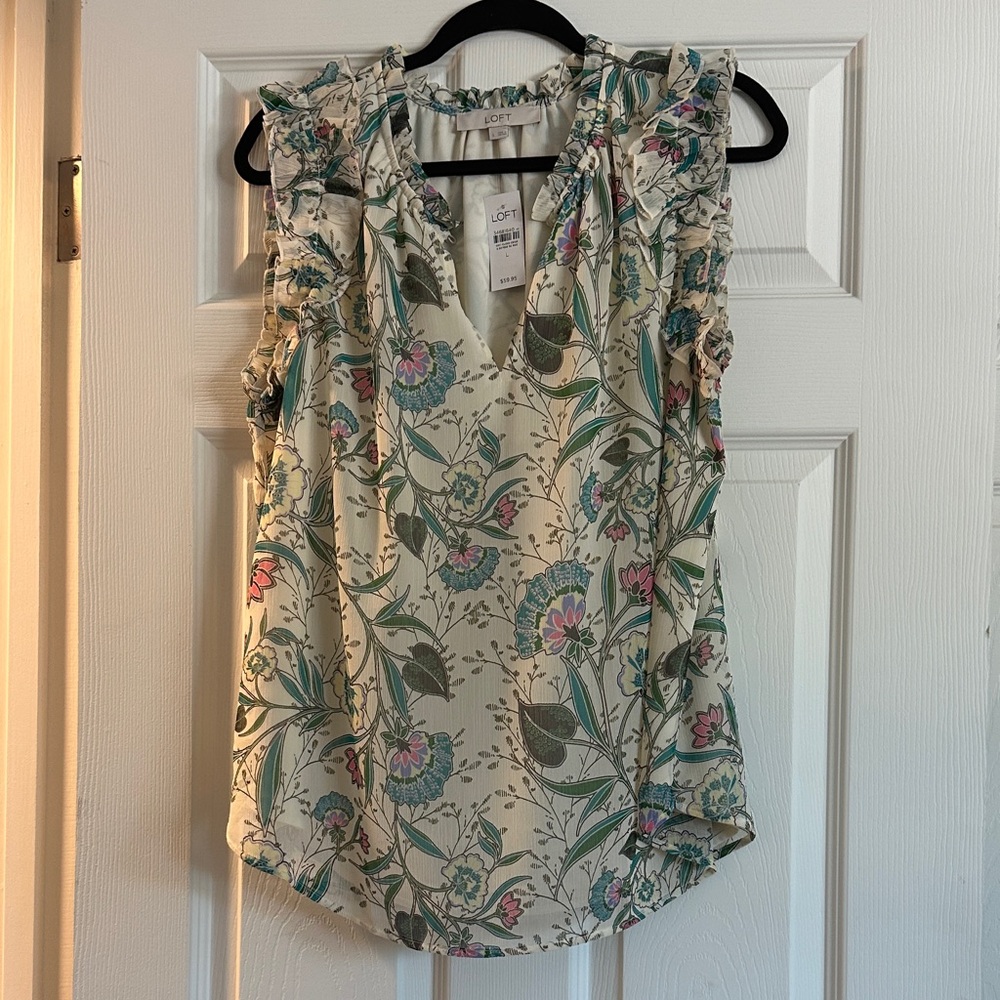 LOFT Cream Floral Ruffle V-Neck Shell Top with Green & Pink Accents